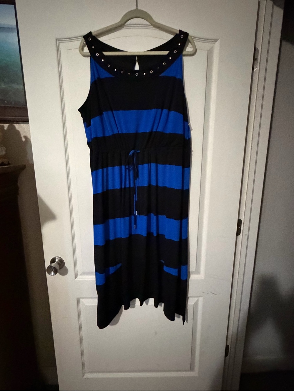 Catherines Black and Blue Striped Sleeveless Midi Dress with Grommet Neck